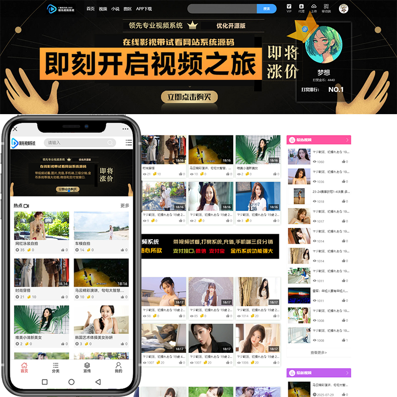 视频网站完美运营版电脑加手机APP/图片/资讯/试看和付费/上传/分销/带支付宝微信充值短视频源码